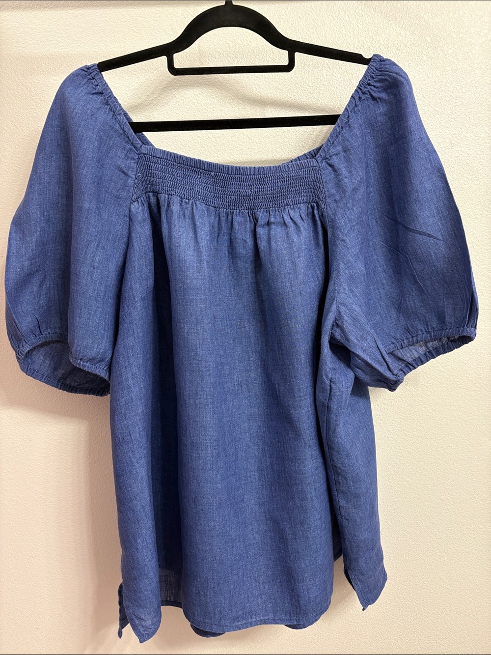 Talbots Indigo Blue Smocked Square-Neck Puff Sleeve Blouse